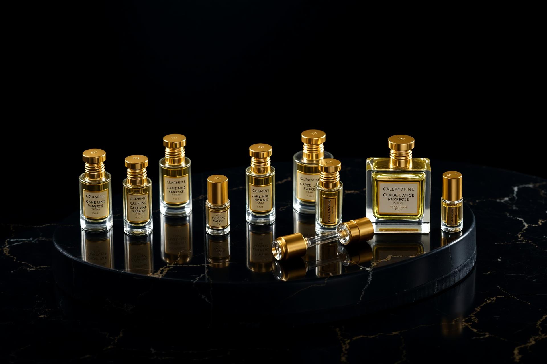 Colección de decants de perfume La Montagne sobre mármol negro
